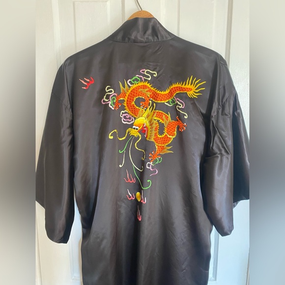 Other - Black Satin Finish Dragon Vintage Embroidered Kimono Robe